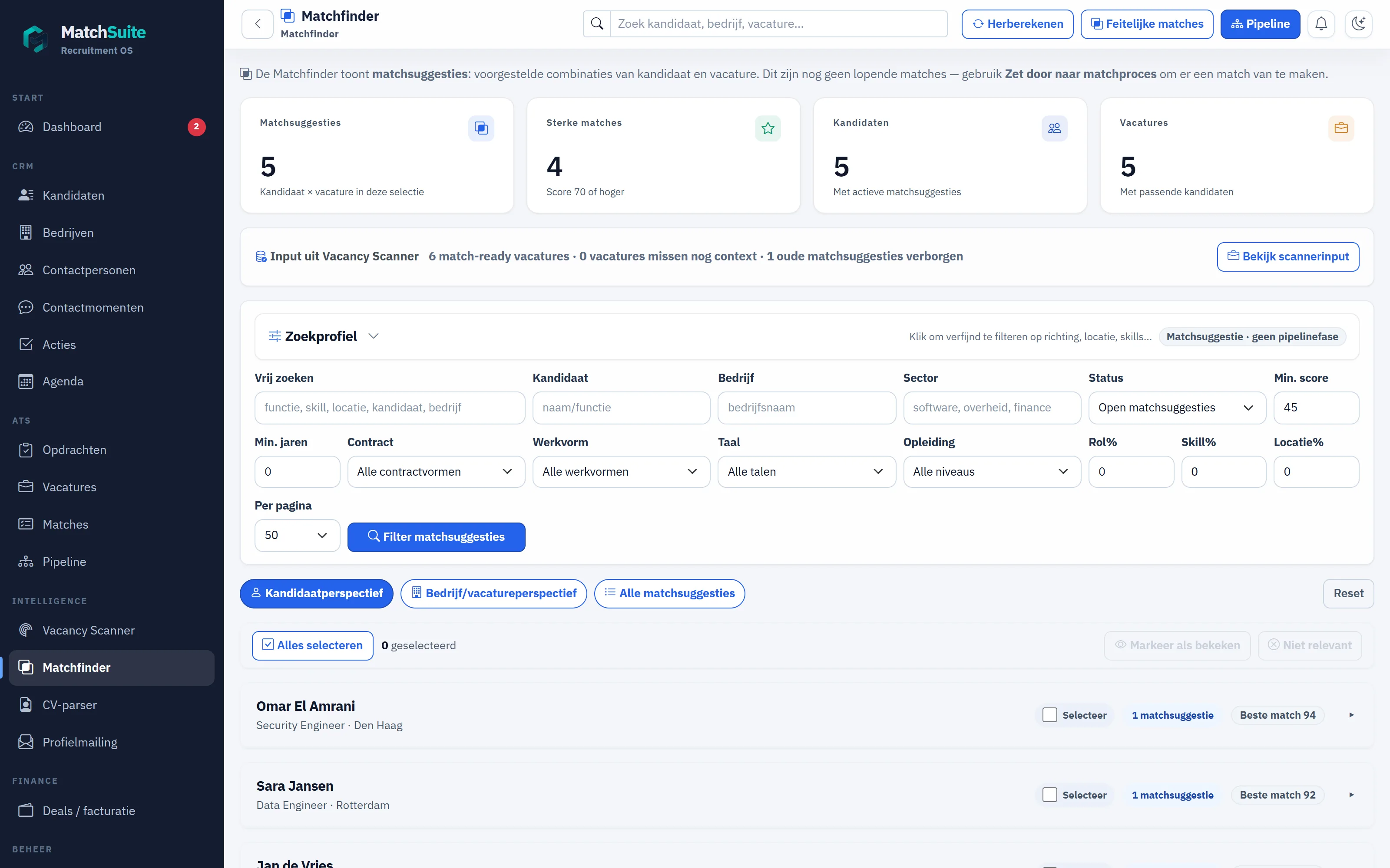De Matchfinder: matchsuggesties met score en onderbouwing per kandidaat.